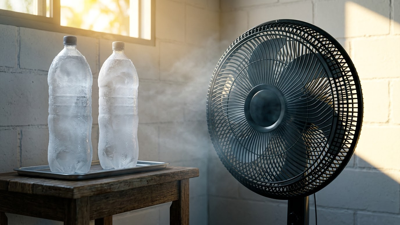 Ventilador soprando ar gelado de garrafas congeladas em um quarto ensolarado.