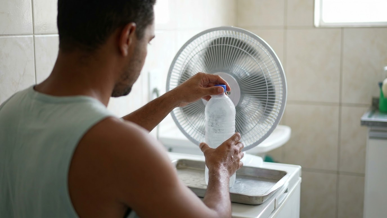 Homem montando o sistema de resfriamento com garrafas e ventilador.