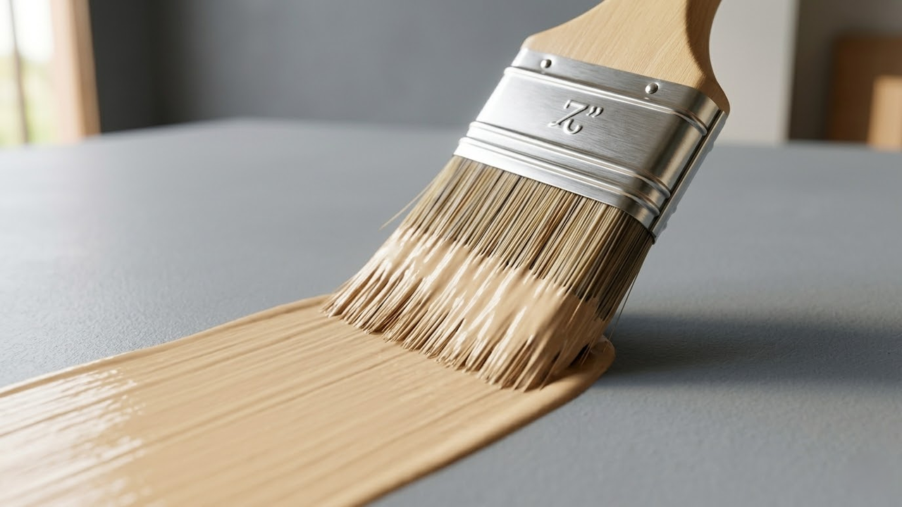 Close de pincel aplicando tinta bege sobre uma parede cinza.