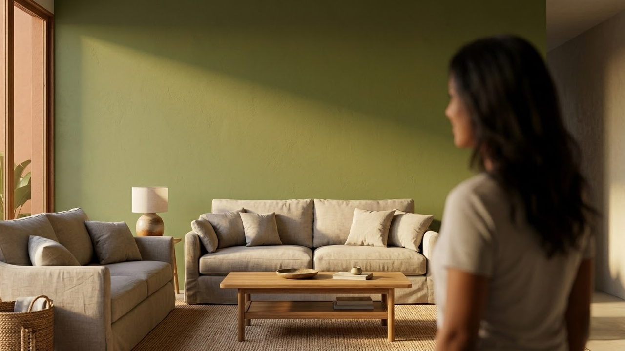 Moradora admirando sua nova sala com tons verdes e madeira.