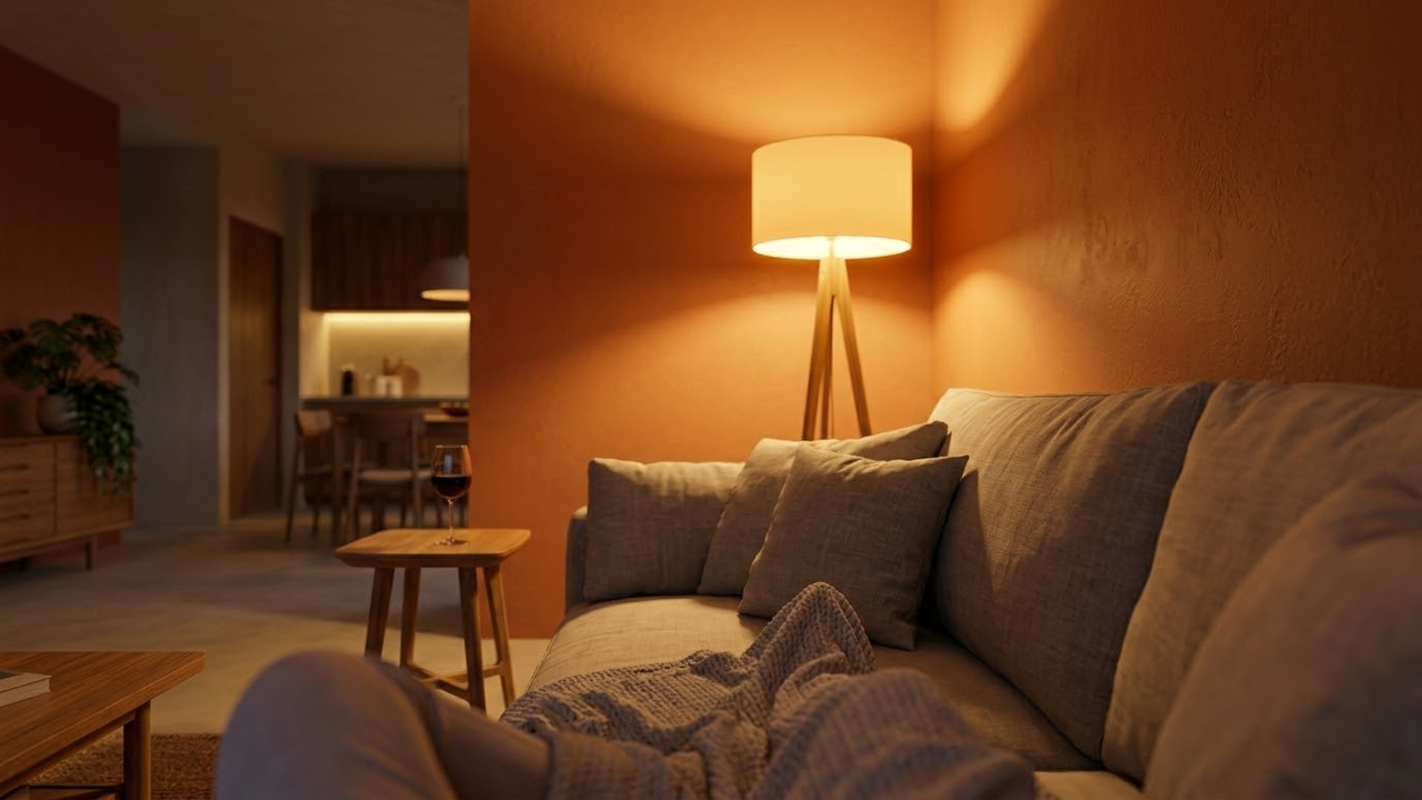 Visão em primeira pessoa de uma sala aconchegante à noite.