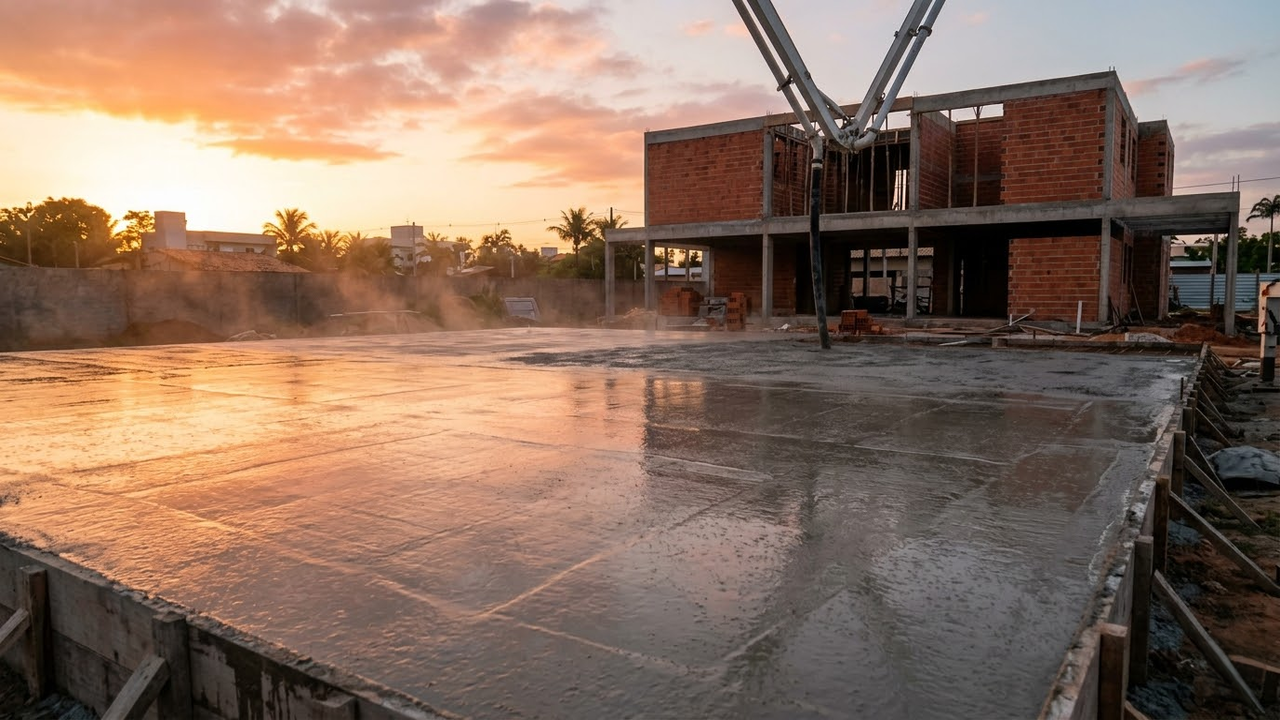 Laje de concreto tecnológico brilhando sob a luz do pôr do sol.