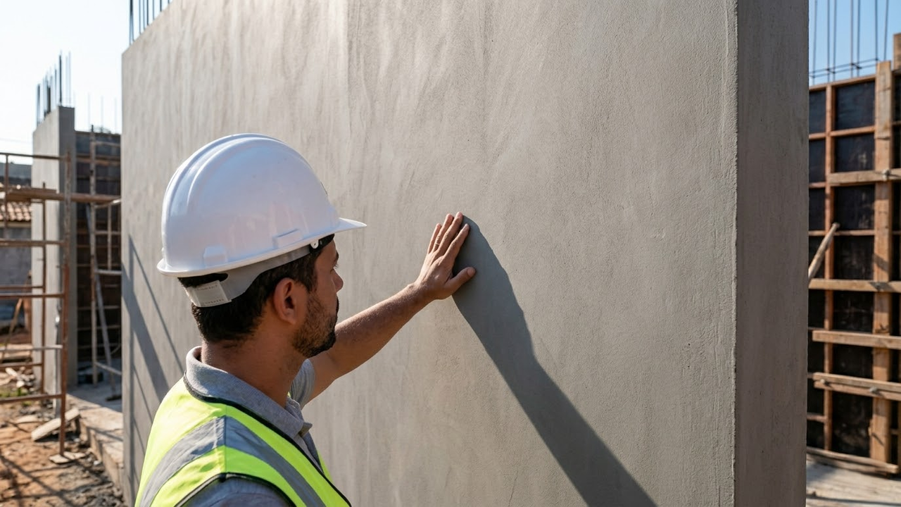 Engenheiro inspecionando parede de concreto perfeita e sem rachaduras.