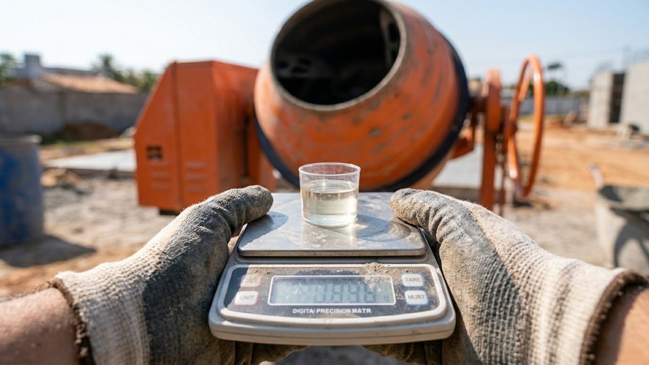 Visão em primeira pessoa medindo aditivos químicos para o concreto.