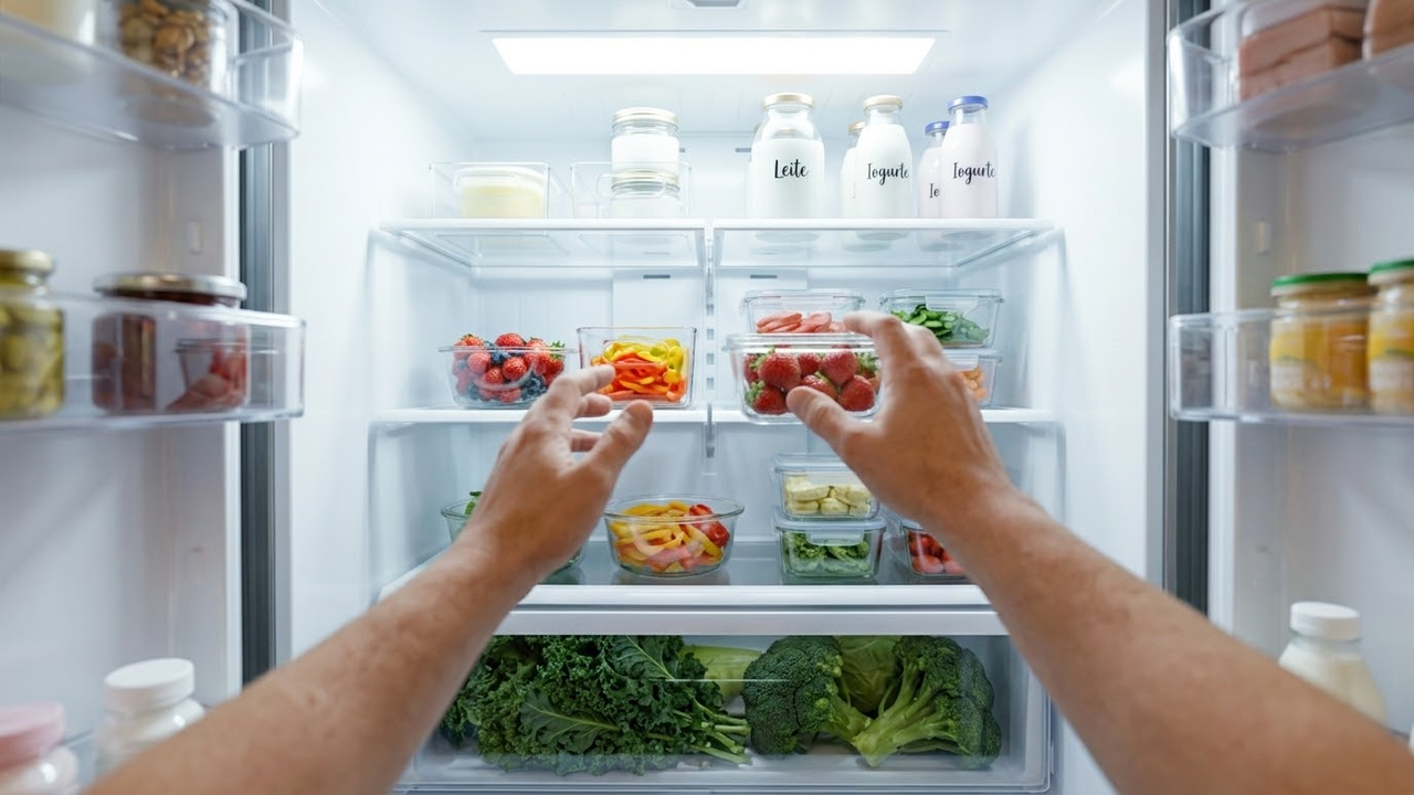 Visão de quem olha para dentro de uma geladeira organizada.