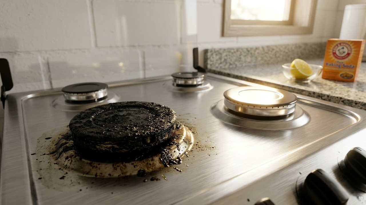 Contraste entre queimador sujo e limpo em fogão de inox.