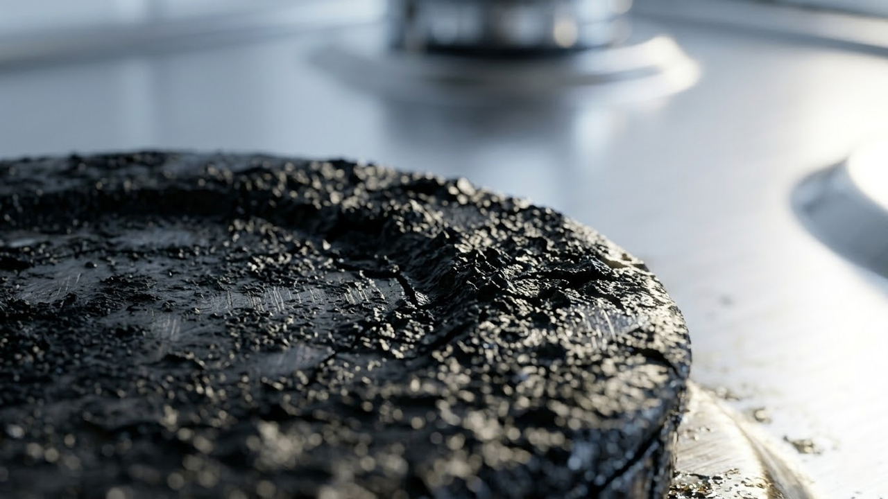 Detalhe macro da crosta de gordura preta carbonizada no metal.