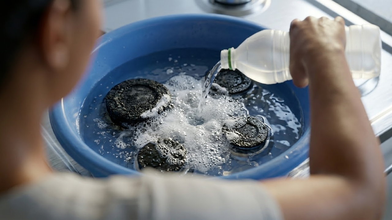 Peças do fogão em bacia com reação efervescente de limpeza.