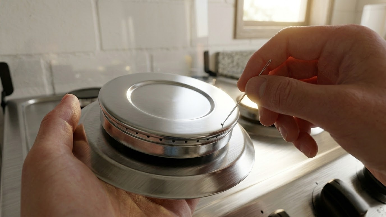 Visão em primeira pessoa desentupindo furos do queimador com agulha.