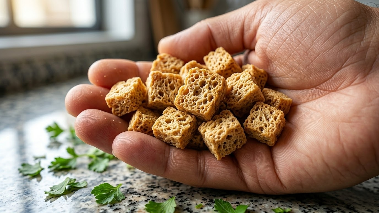 Detalhe macro da textura da proteína de soja seca na mão.