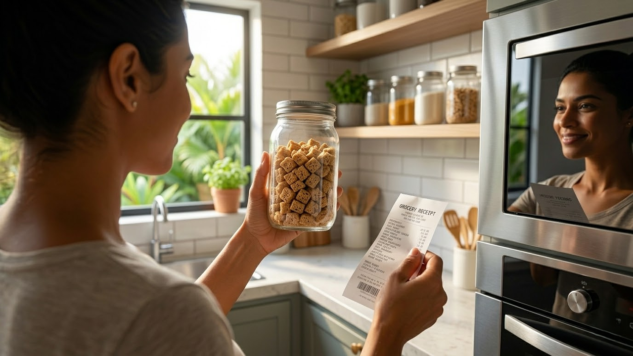 Mulher organizando soja na despensa com sensação de economia.