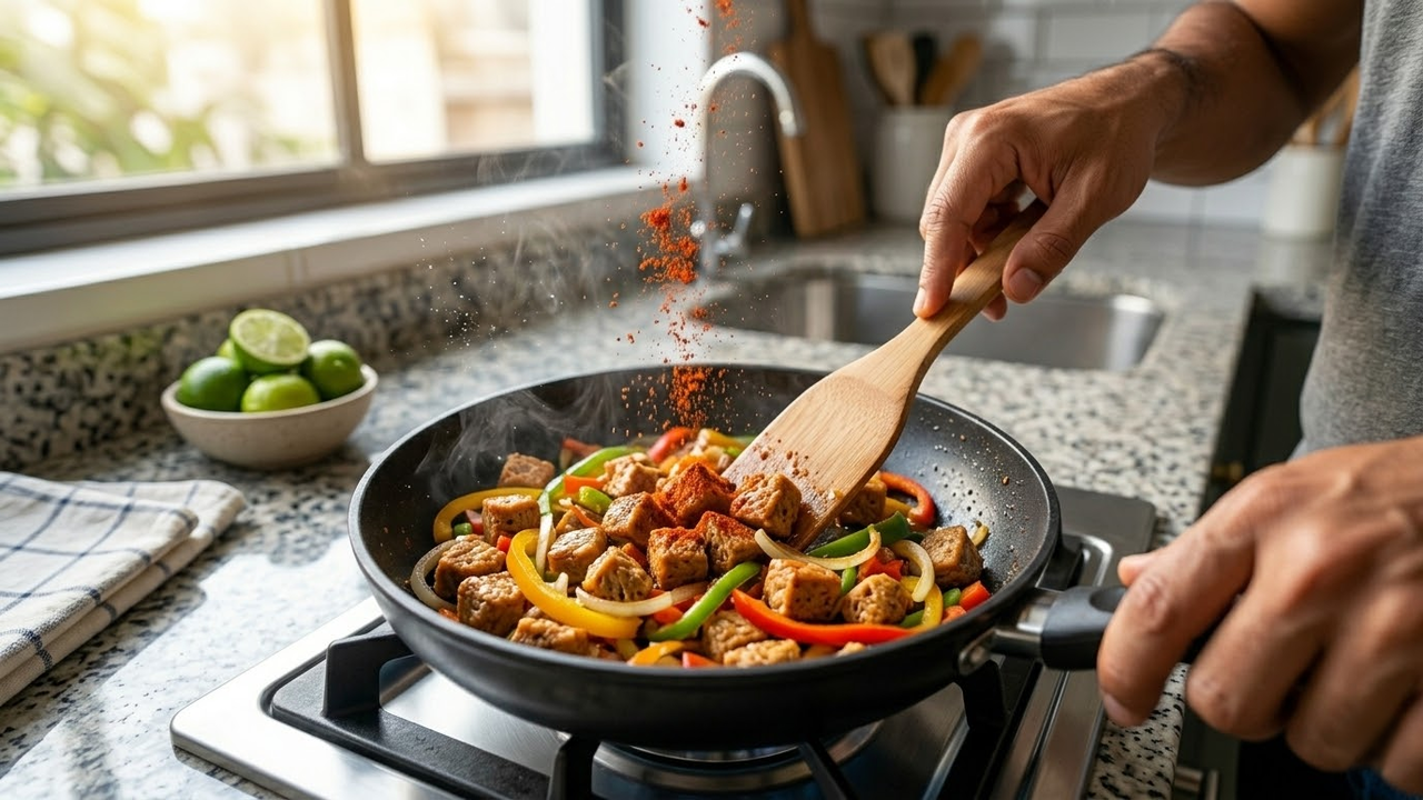 Visão em primeira pessoa refogando soja com temperos coloridos.