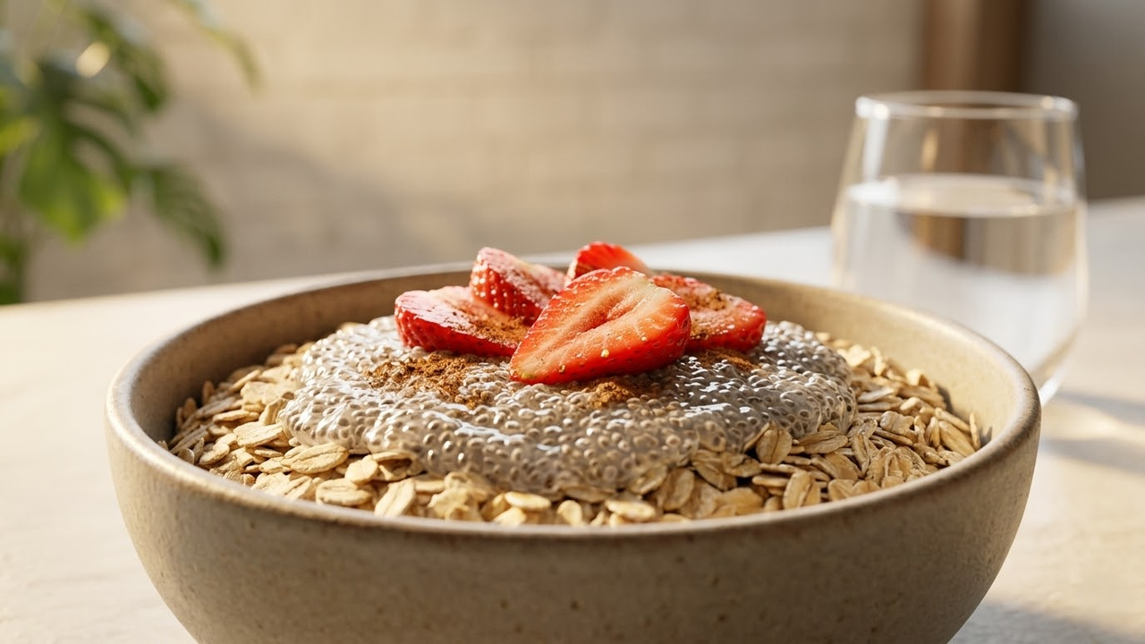 Tigela de aveia e chia com morangos sob a luz da manhã.