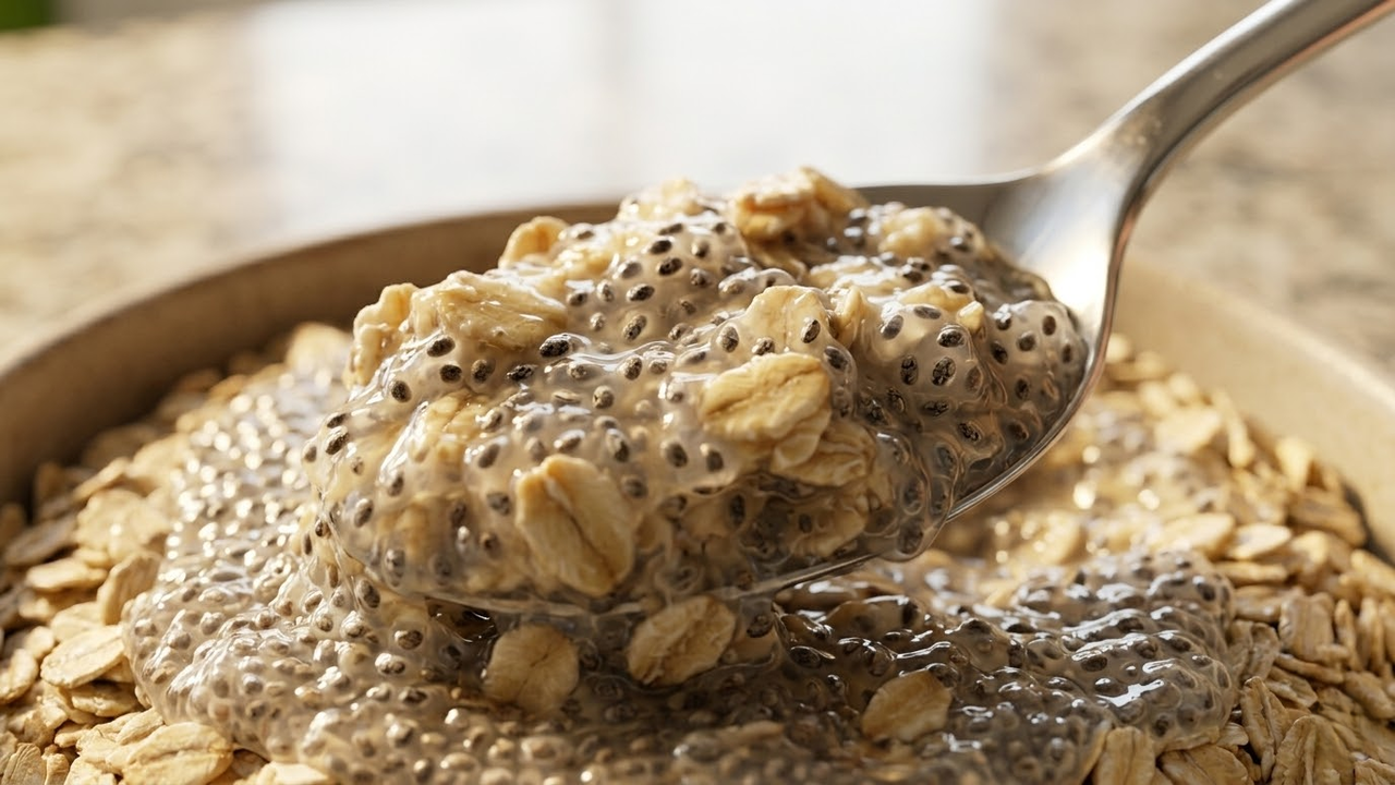 Detalhe macro da textura cremosa da aveia com chia hidratada.