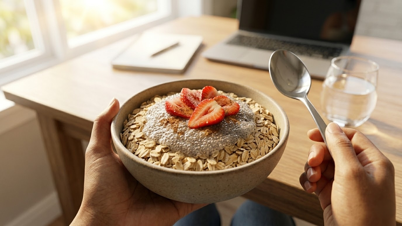 Visão em primeira pessoa de um café da manhã produtivo e saudável.