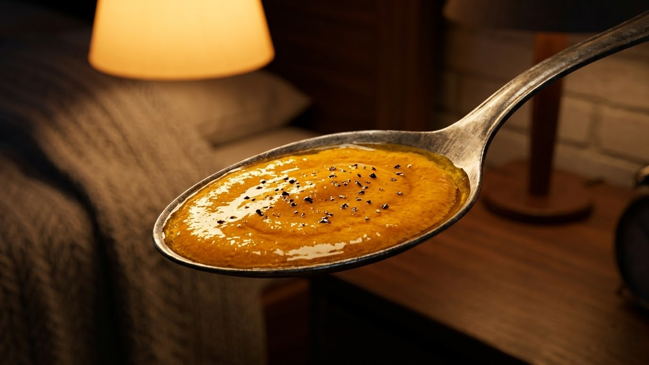 Colherada dourada de cúrcuma e azeite sob luz quente de abajur.