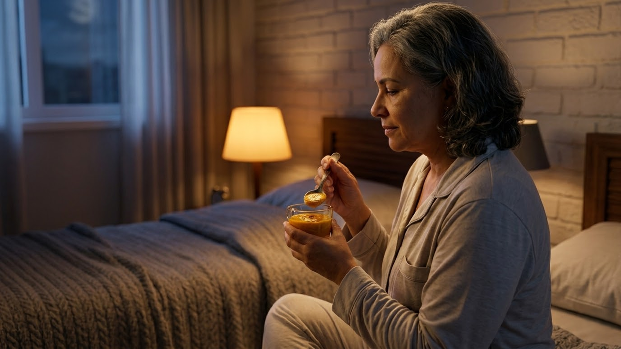 Mulher brasileira em seu ritual noturno de autocuidado com a cúrcuma.