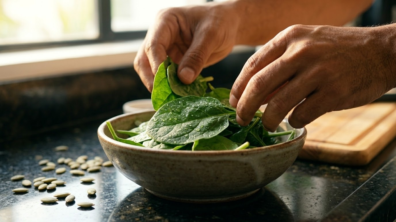 Detalhe macro de mãos preparando espinafre e sementes de abóbora.