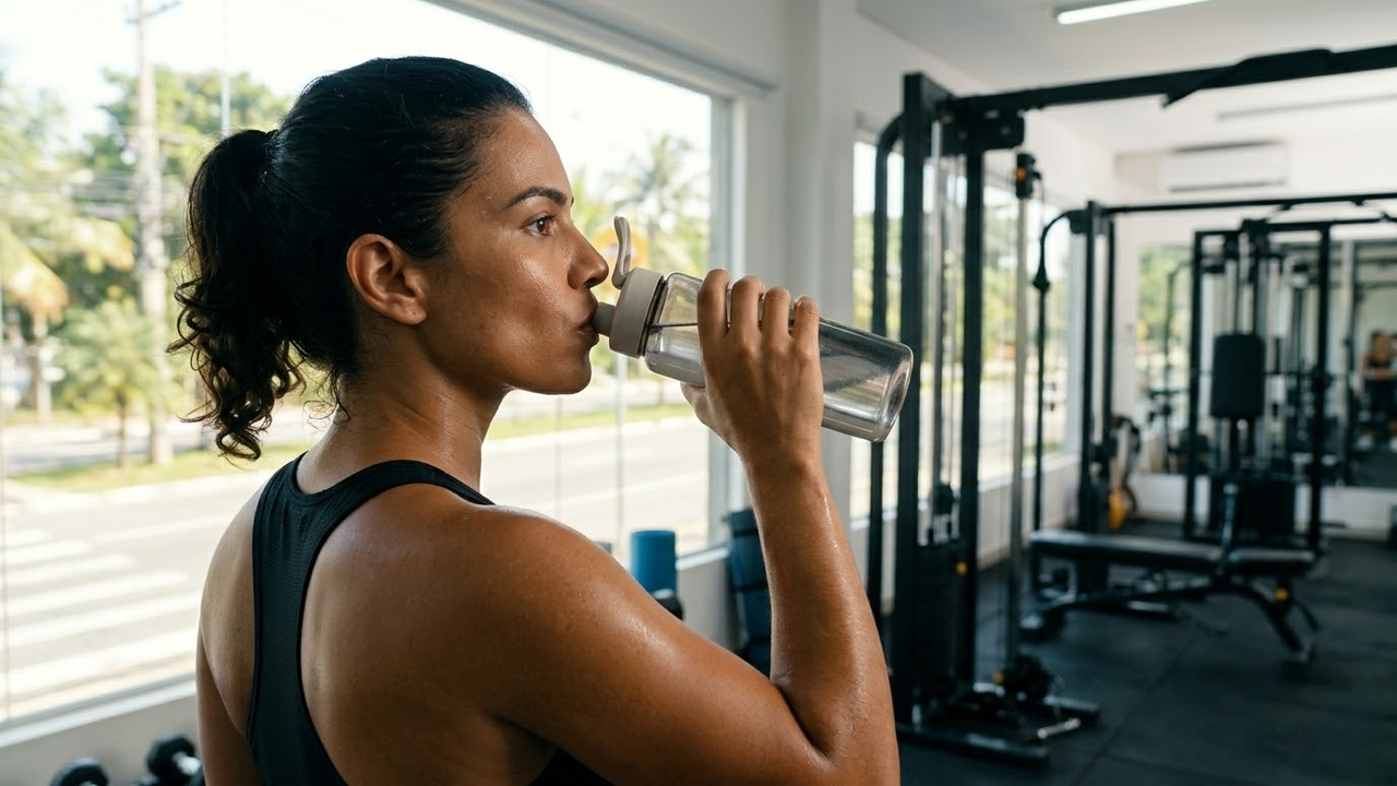 Mulher em momento de pausa e hidratação em uma academia.