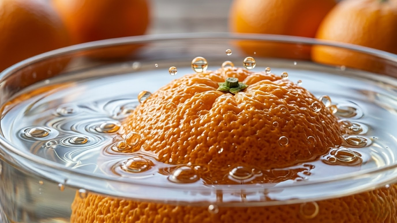 Detalhe macro do óleo da casca de laranja sendo extraído pelo vinagre.