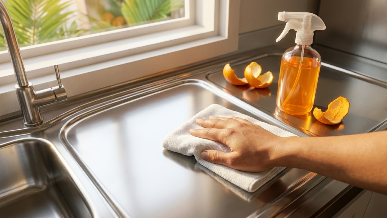 Visão em primeira pessoa limpando a pia com o produto natural.