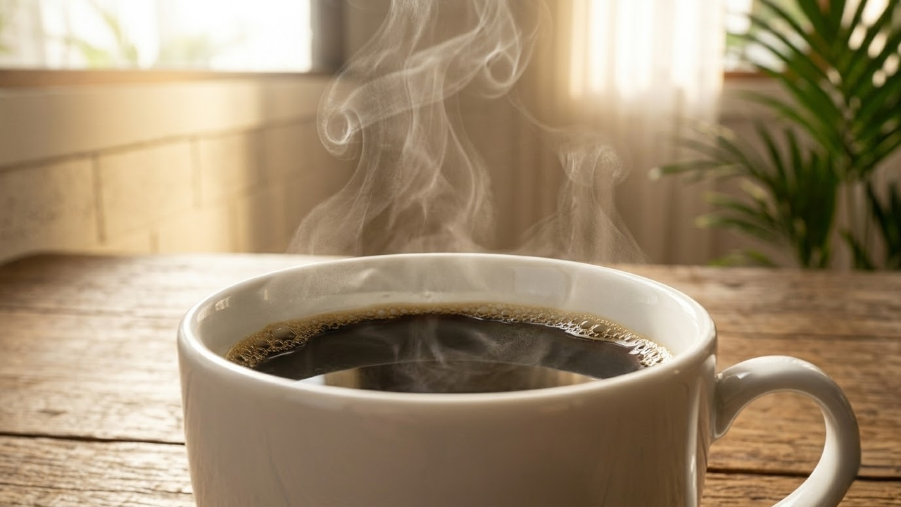 Café quente fumegante em close detalhado na mesa de madeira.