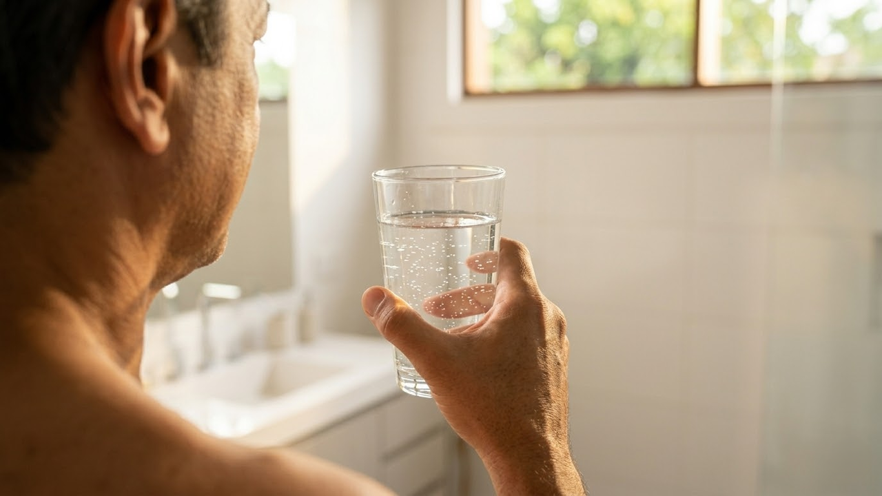 Pessoa segurando um copo de água limpa no banheiro iluminado.