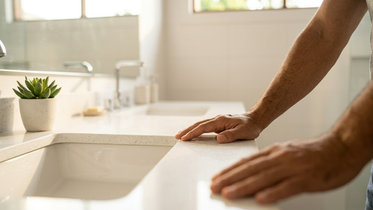 Visão em primeira pessoa de um banheiro limpo e ensolarado.