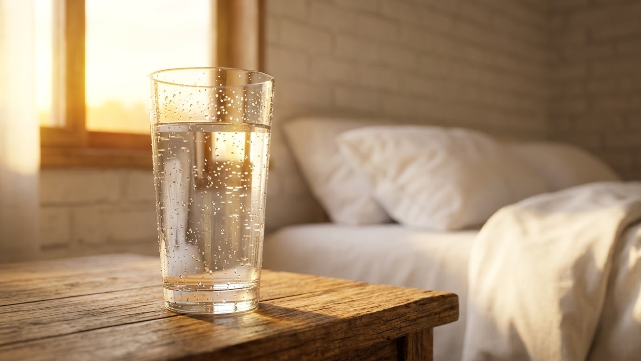 Copo de água cristalina em mesa de madeira sob luz matinal.