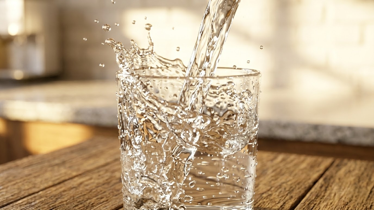 Detalhe macro de água sendo despejada com brilho e splashes.