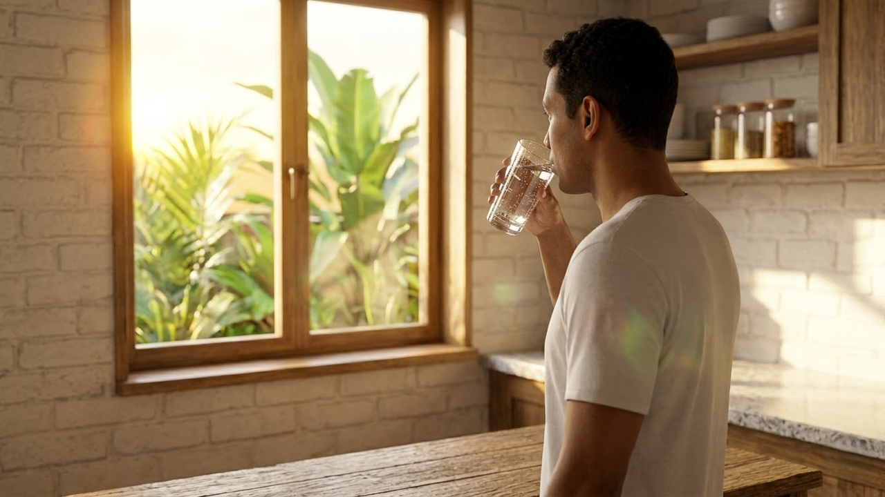 Homem bebendo água em cozinha iluminada com vista para o jardim.