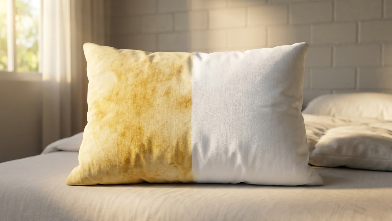 Travesseiro metade amarelado e metade branco sob a luz do sol.