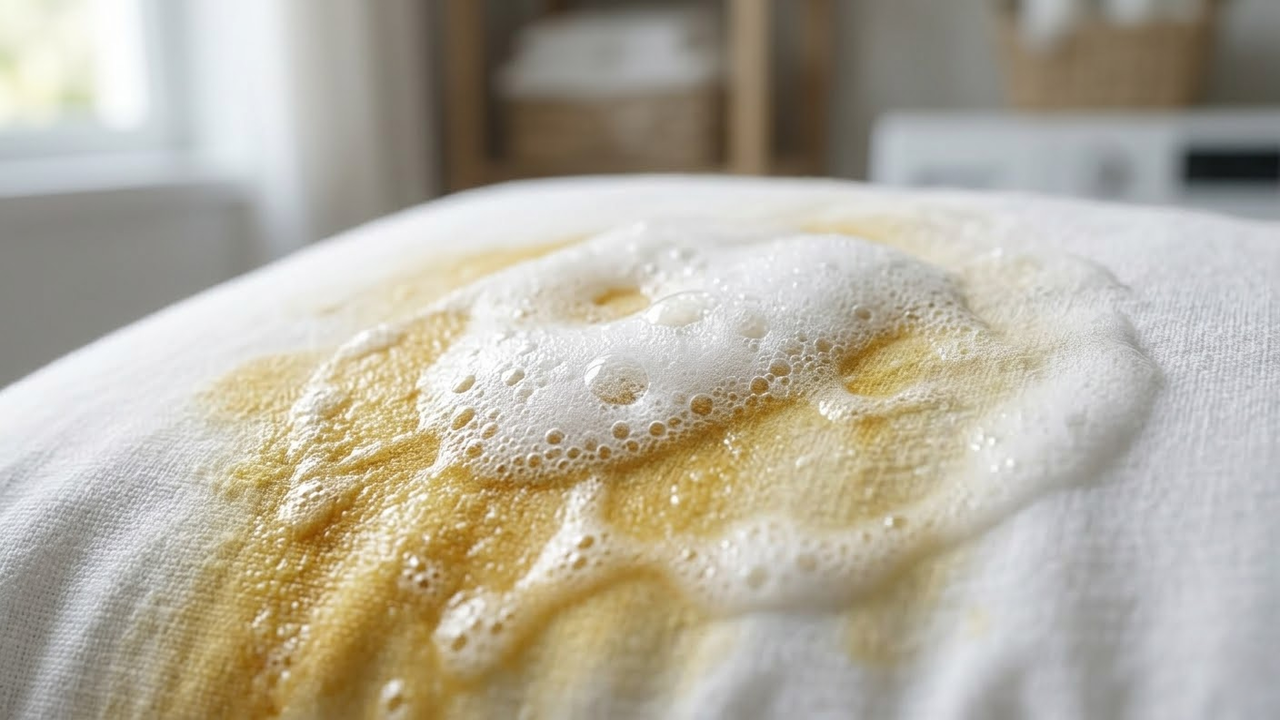 Detalhe macro da reação efervescente da mistura sobre a mancha.