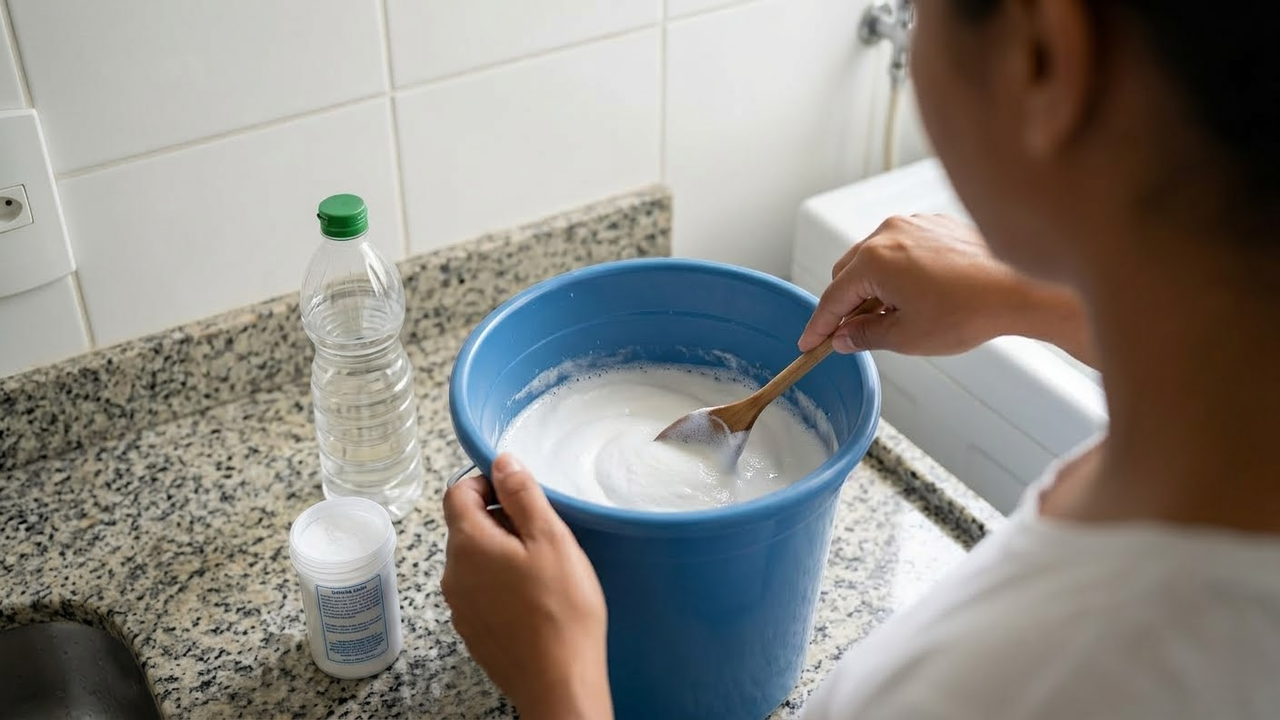 Pessoa preparando a pasta de limpeza em um balde na lavanderia.