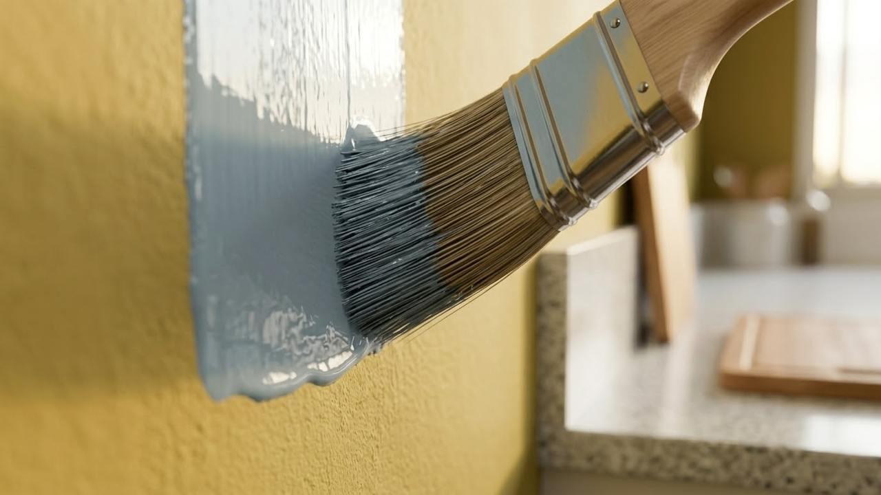 Pincel aplicando tinta azul suave sobre parede amarela antiga.