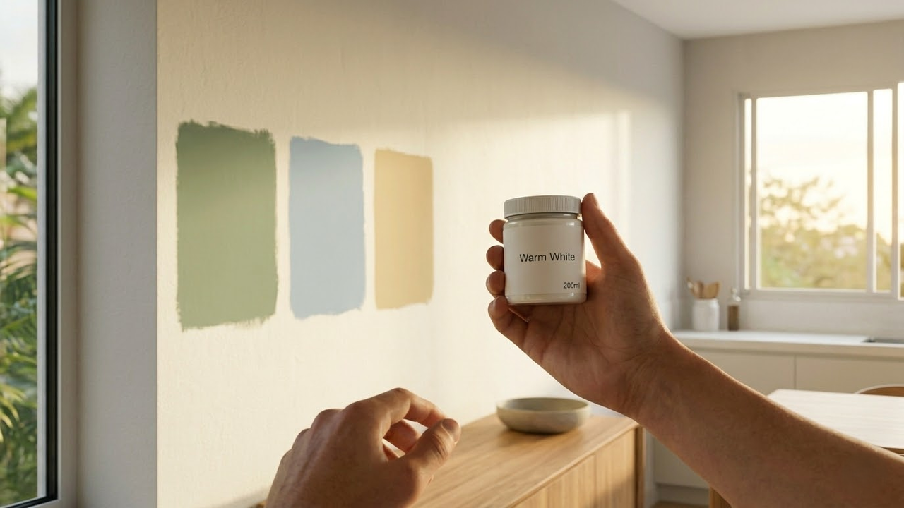 Cozinha ampla em tons de areia com forte iluminação natural.