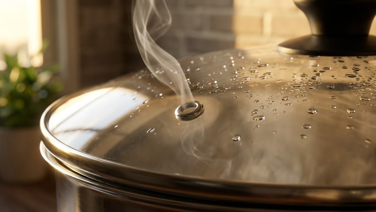 Close cinematográfico no furo da tampa com vapor escapando sob luz dourada.