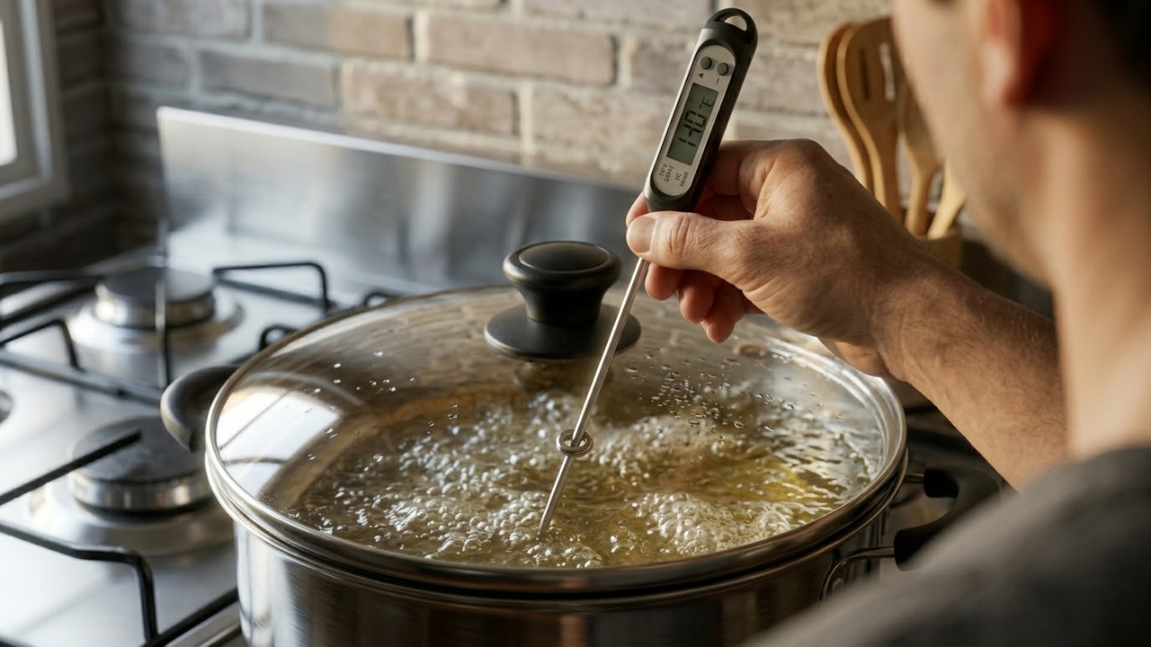 Mão inserindo termômetro culinário pelo orifício da tampa de vidro.