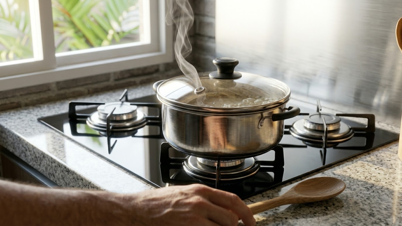 Visão em primeira pessoa de um fogão limpo e uma panela cozinhando com segurança.