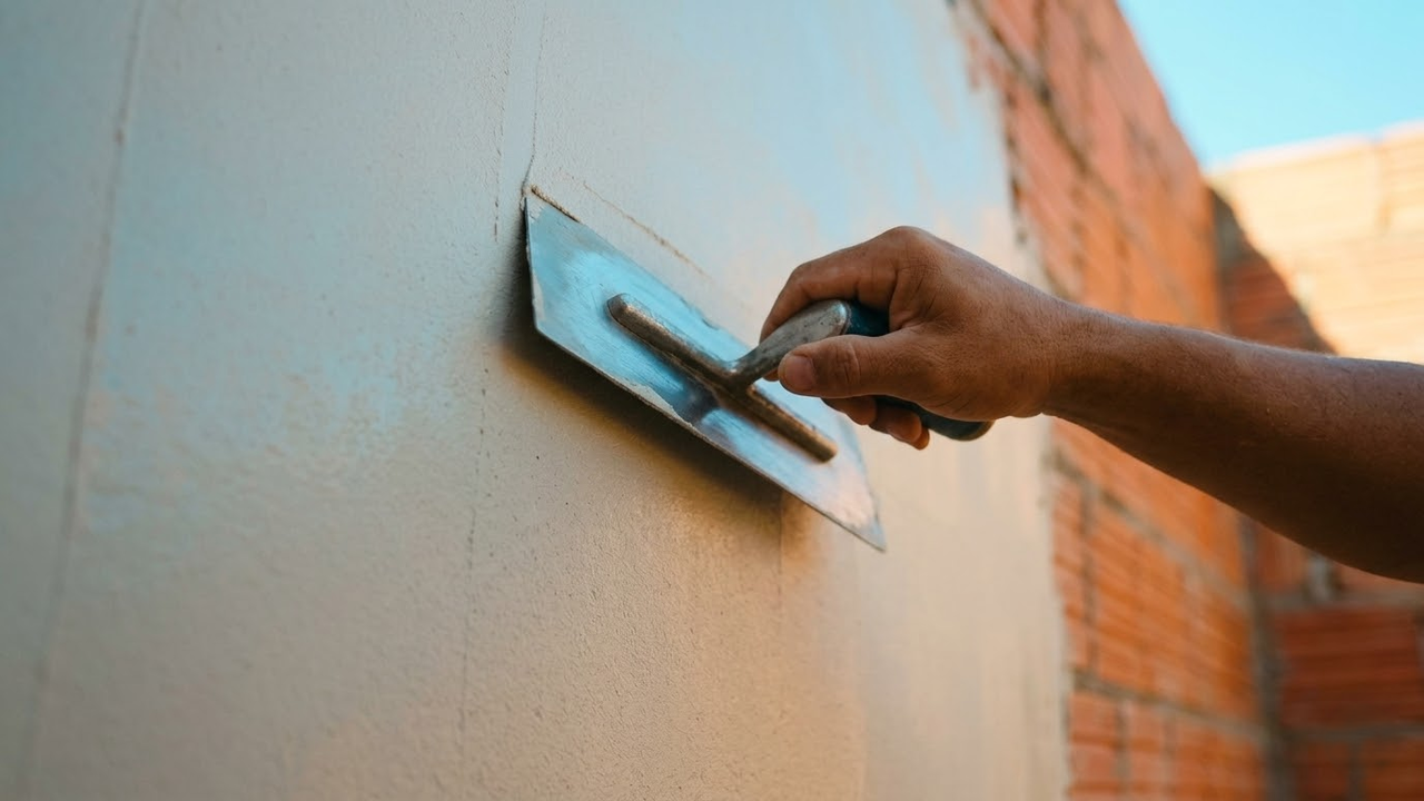 Mão de pedreiro deslizando desempenadeira em reboco liso sob luz solar.