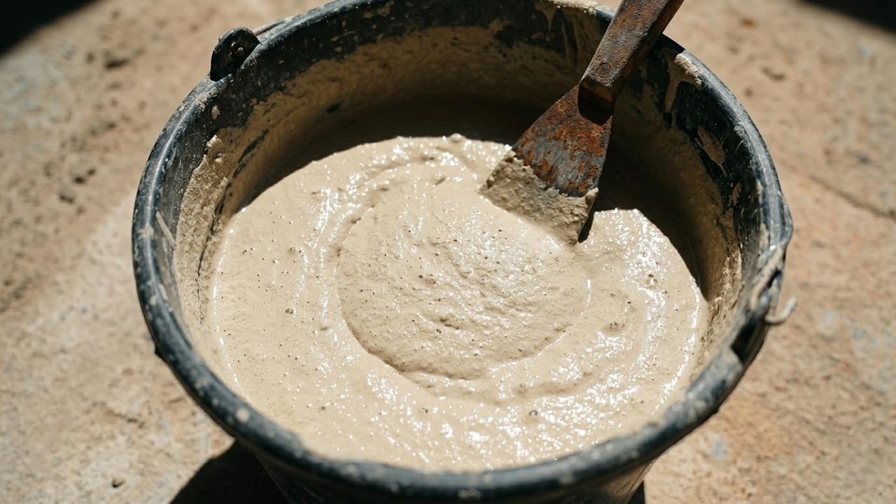 Close macro na textura cremosa da massa de cal e areia fina.