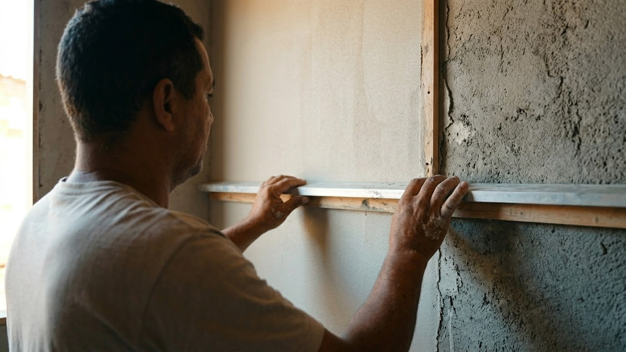 Pedreiro nivelando a parede com régua em ambiente de reforma real.