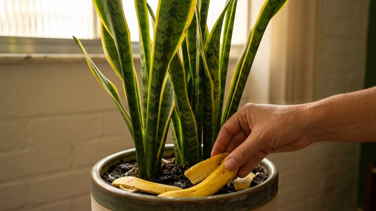 Mão colocando cascas de banana na terra de uma Língua de Sogra vibrante.