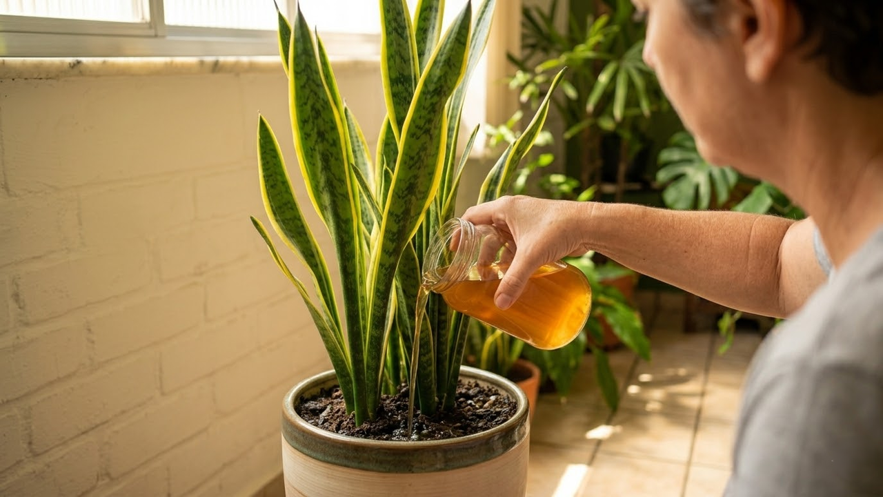 Pessoa regando a planta com chá de casca de banana em casa.