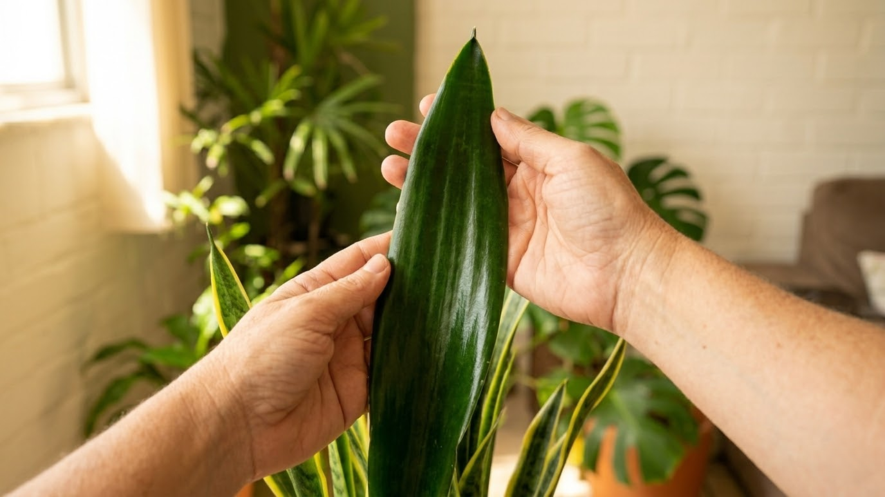 Visão do jardineiro admirando o brilho e saúde da folha após a adubação.