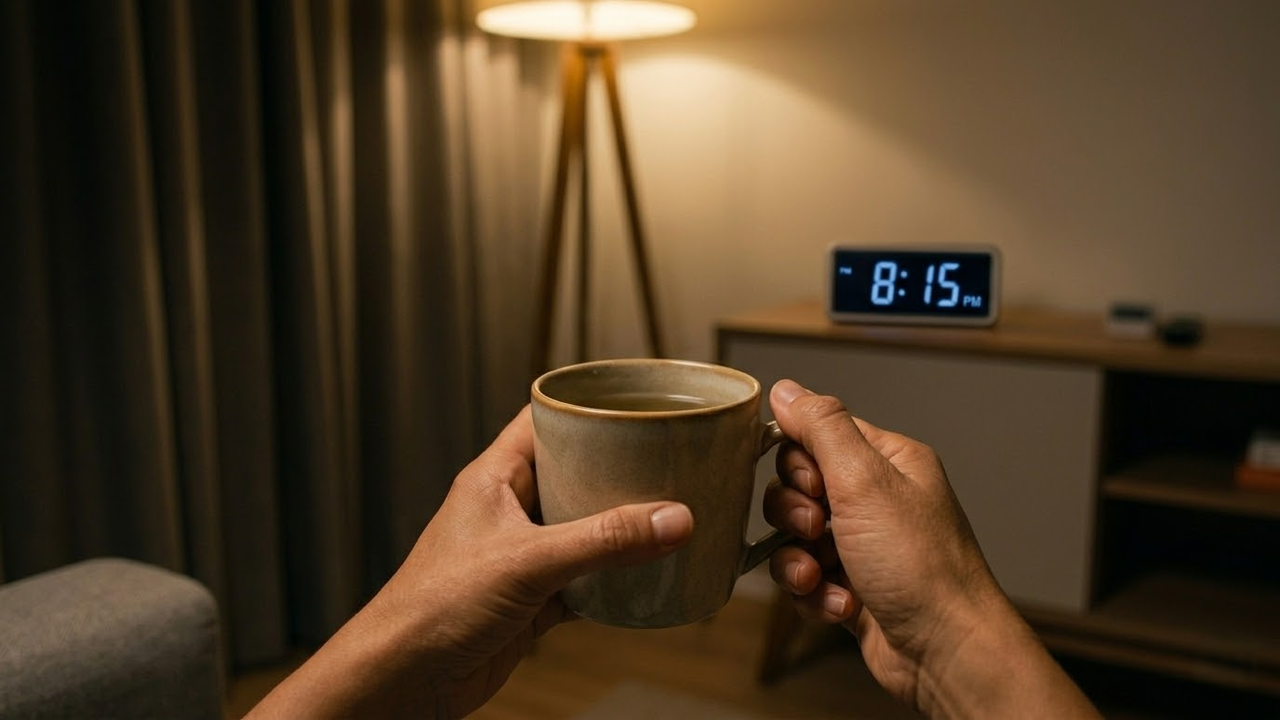 Visão em primeira pessoa relaxando com chá após o jantar cedo.