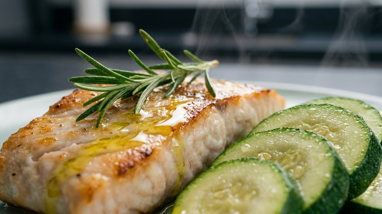 Close macro em peixe grelhado e abobrinha com gotas de azeite.