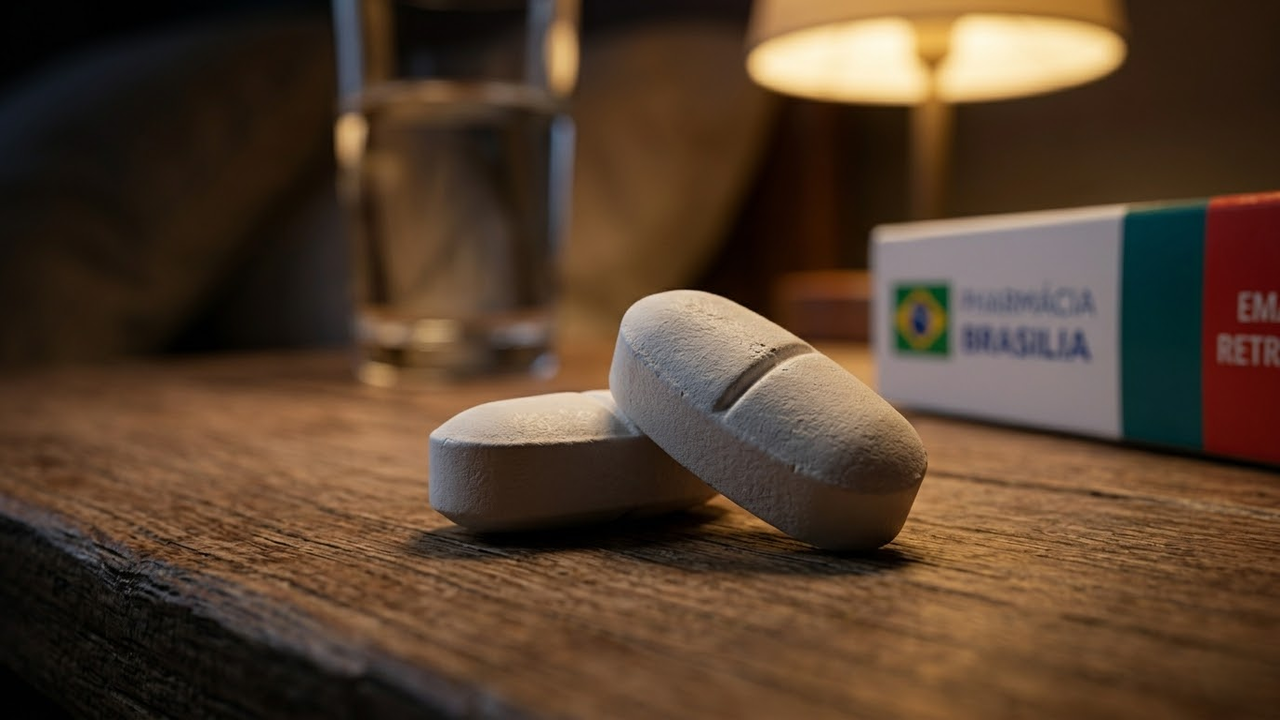 Close macro em comprimidos de anti-inflamatório sobre mesa de madeira.