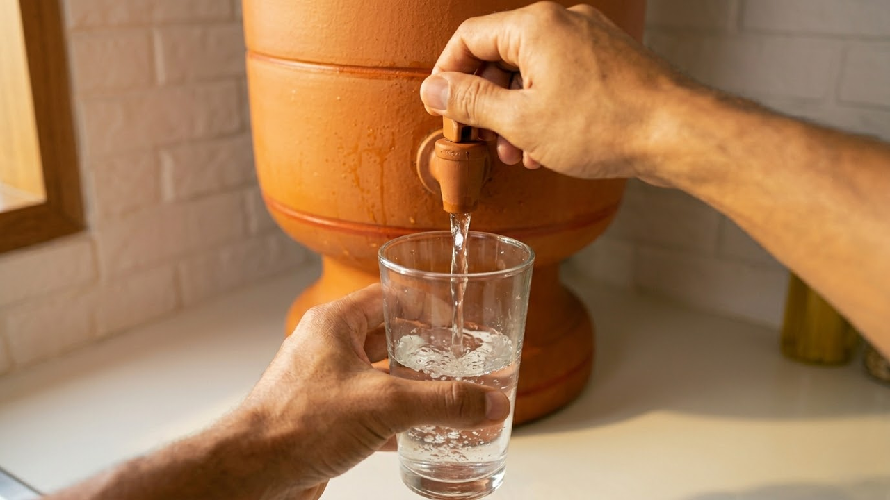 Visão em primeira pessoa servindo água de um filtro de barro tradicional.