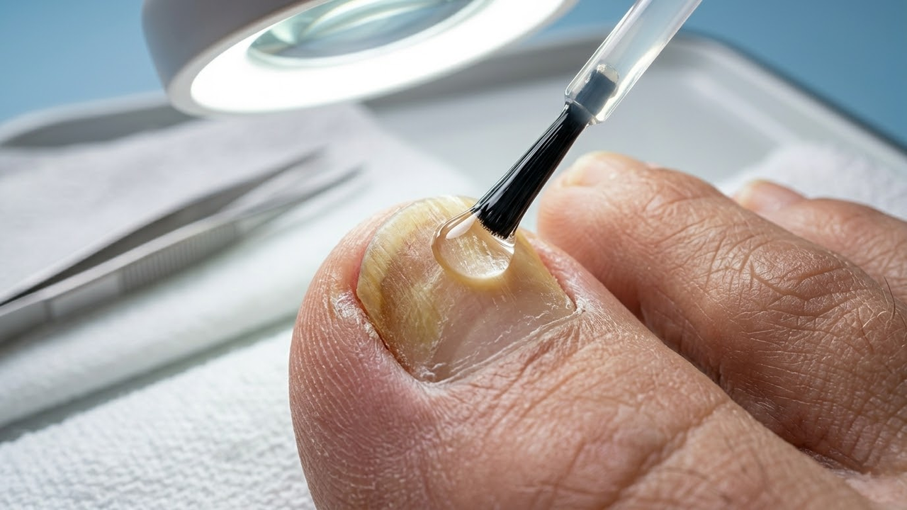 Macro da aplicação de medicamento líquido em unha com fungo.